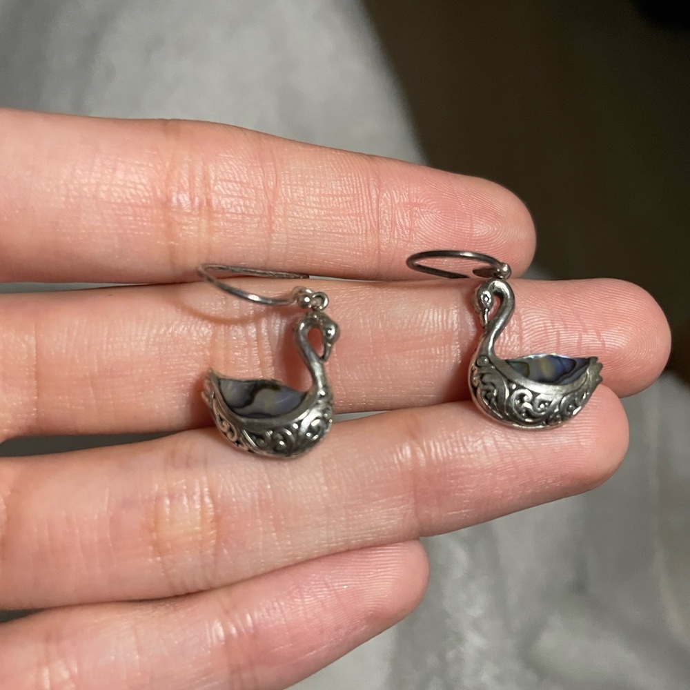 Swan Drop Earrings with Abalone Inlay - Sterling Silver